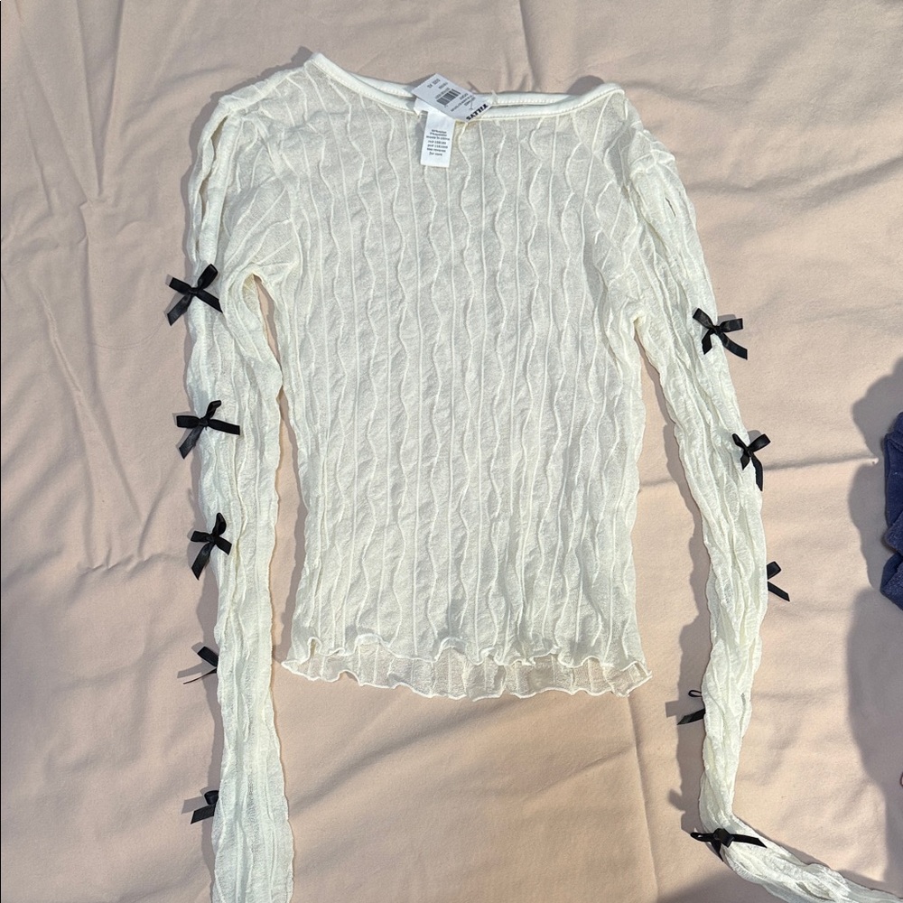 Full Tilt Cream Long Sleeve Top with Black Bows